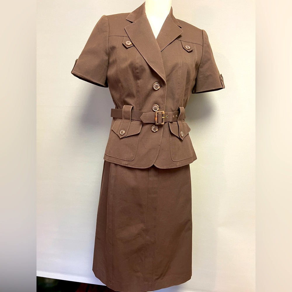Tahari two piece skirt suit. Safari style jacket, straight knee length skirt.